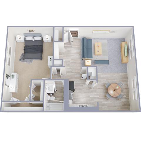 Floor plan for 1 bed, 1 bath, 768 sqft