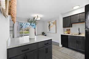 Harper Woods apartment for rent - A kitchen with black cabinets and a white countertop.
