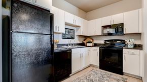 Mchenry apartment for rent - A black refrigerator in a kitchen with white cabinets.
