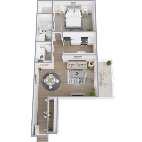 Floor plan for 1 bed, 1 bath, 714 sqft