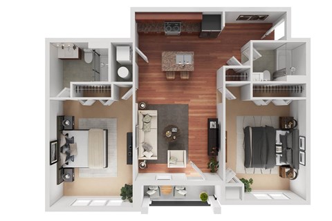 Floor plan for 2 beds, 2 baths, 1030 sqft