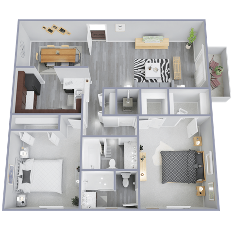 Floor plan for 2 beds, 2 baths, 1050 sqft
