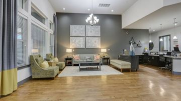 Romeoville apartment for rent - A modern living room with a grey sofa set and a wooden floor.