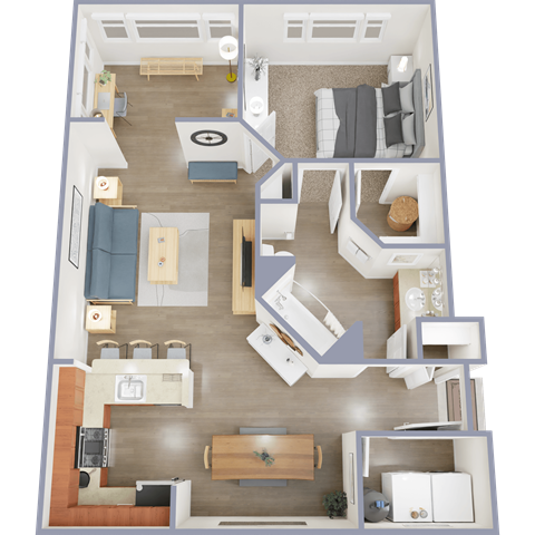 Floor plan for 1 bed, 1 bath, 970 sqft