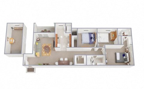 Floor plan for 3 beds, 2 baths, 1255 sqft