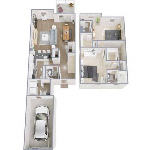 Floor plan for 2 beds, 2.5 baths, 1288 sqft