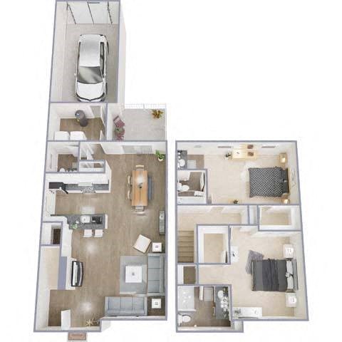Floor plan for 2 beds, 2.5 baths, 1288 sqft