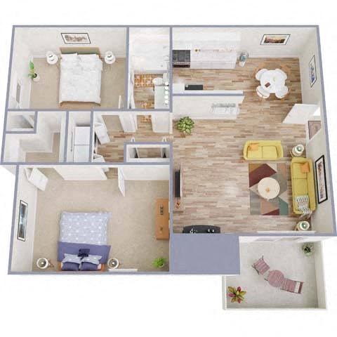 Floor plan for 2 beds, 1 bath, 922 sqft
