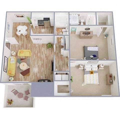 Floor plan for 2 beds, 2 baths, 1020 sqft