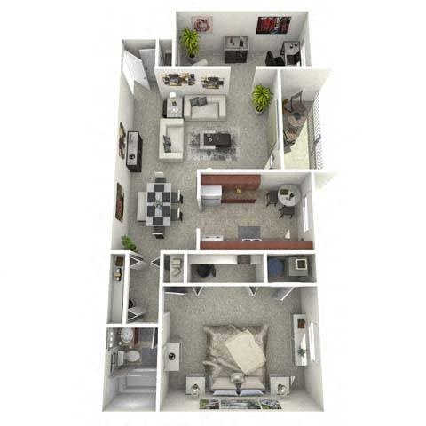 Floor plan for 1 bed, 1 bath, 834 sqft