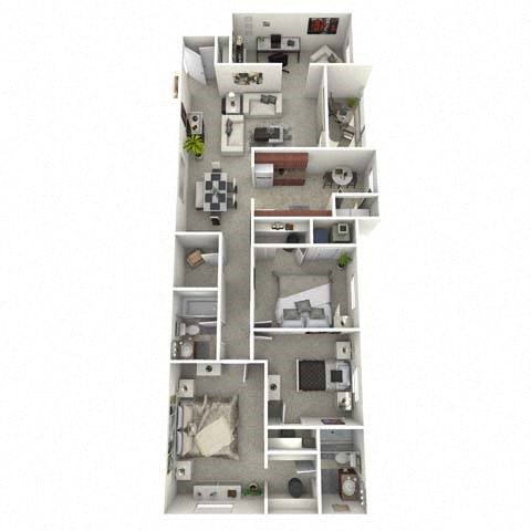 Floor plan for 3 beds, 2 baths, 1308 sqft