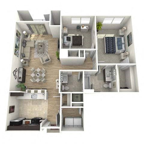 Floor plan for 2 beds, 2 baths, 1049 sqft