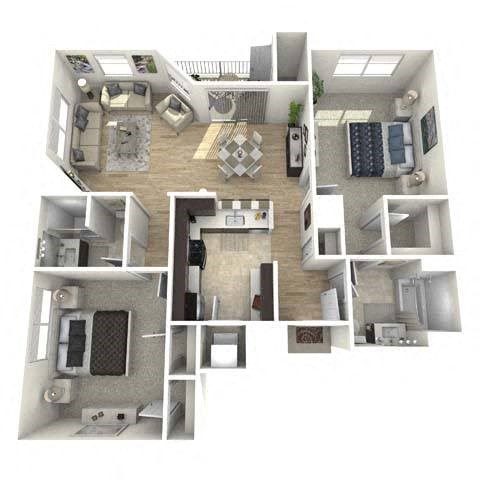 Floor plan for 2 beds, 2 baths, 1027 sqft