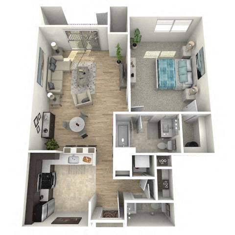 Floor plan for 1 bed, 1.5 baths, 865 sqft