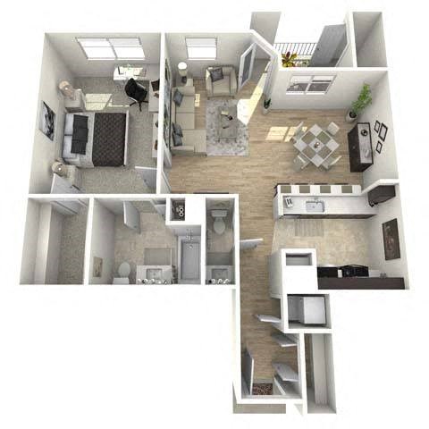 Floor plan for 1 bed, 1.5 baths, 842 sqft