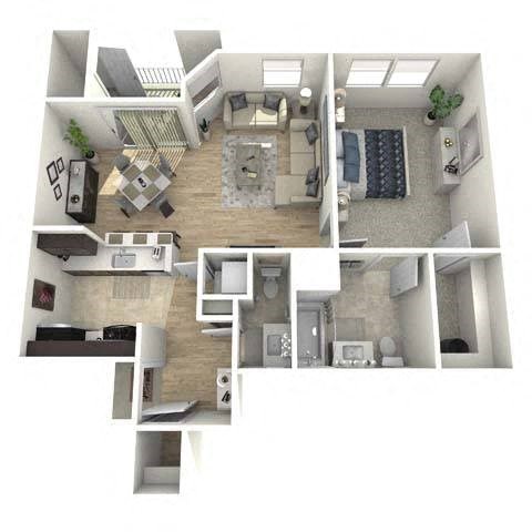 Floor plan for 1 bed, 1.5 baths, 867 sqft