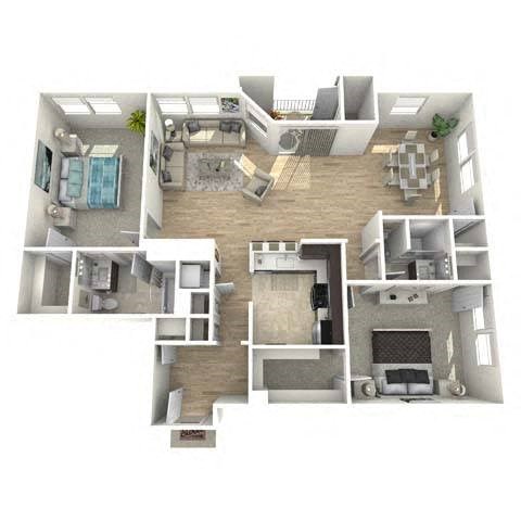 Floor plan for 2 beds, 2 baths, 1365 sqft