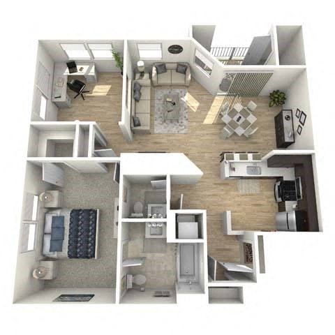 Floor plan for 1 bed, 1.5 baths, 1019 sqft