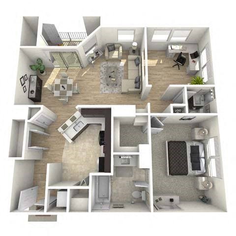 Floor plan for 1 bed, 1.5 baths, 1059 sqft