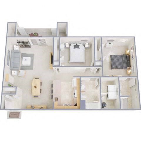 Floor plan for 2 beds, 2 baths, 1235 sqft