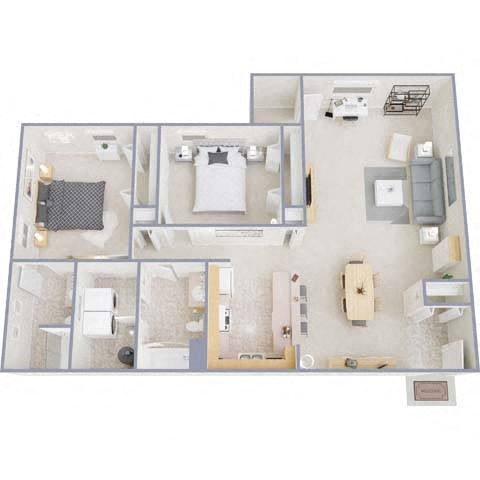 Floor plan for 2 beds, 2 baths, 1287 sqft