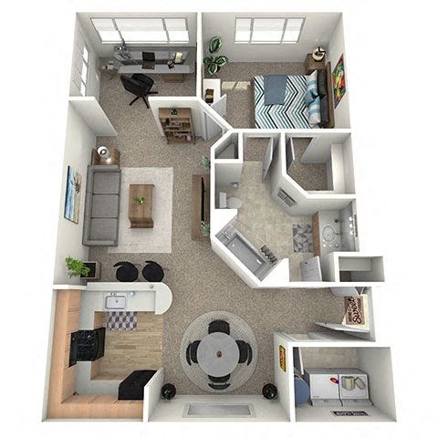 Floor plan for 1 bed, 1 bath, 970 sqft