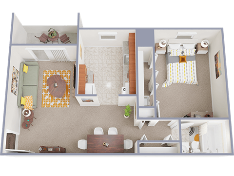 Floor plan for 1 bed, 1 bath, 725 sqft