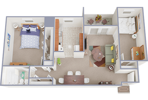 Floor plan for 1 bed, 1 bath, 863 sqft