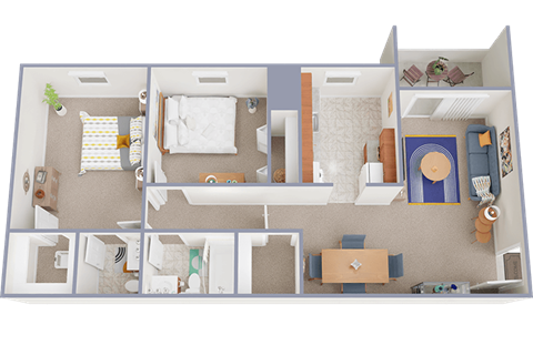 Floor plan for 2 beds, 1.5 baths, 993 sqft