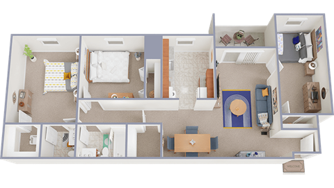 Floor plan for 2 beds, 1.5 baths, 1129 sqft