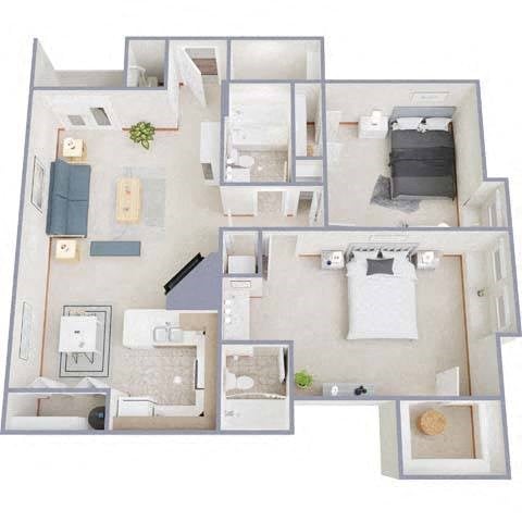 Floor plan for 2 beds, 2 baths, 1033 sqft