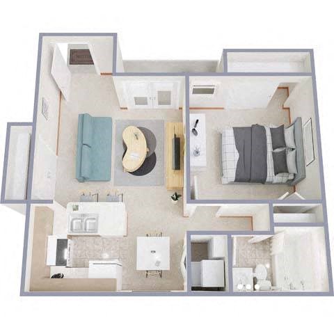 Floor plan for 1 bed, 1 bath, 628 sqft