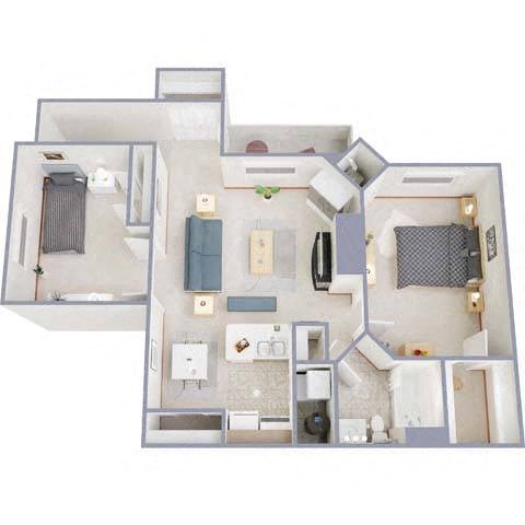 Floor plan for 2 beds, 1 bath, 950 sqft