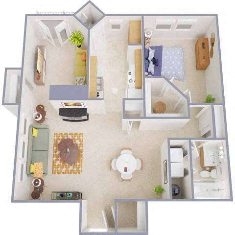 Floor plan for 1 bed, 1 bath, 942 sqft