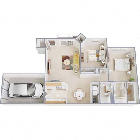 Floor plan for 2 beds, 2 baths, 1036 sqft