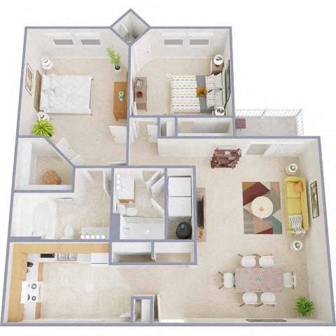 Floor plan for 2 beds, 2 baths, 1000 sqft