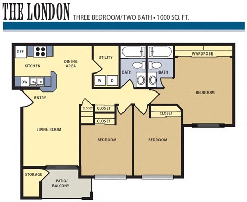 Floor plan for 3 beds, 2 baths, 1000 sqft