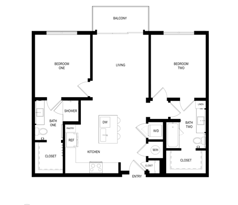 Floor plan for 2 beds, 2 baths, 1008 sqft