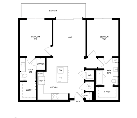 Floor plan for 2 beds, 2 baths, 1008 sqft