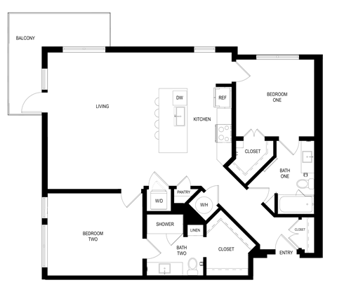 Floor plan for 2 beds, 2 baths, 1303 sqft