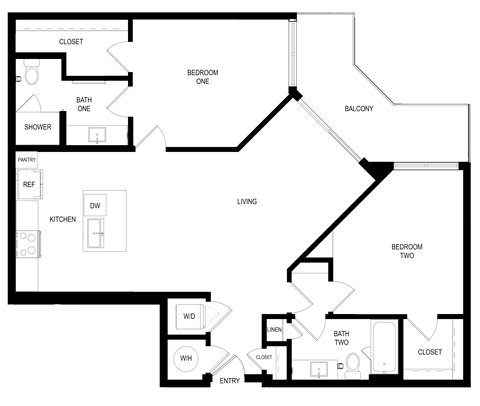 Floor plan for 2 beds, 2 baths, 1226 sqft