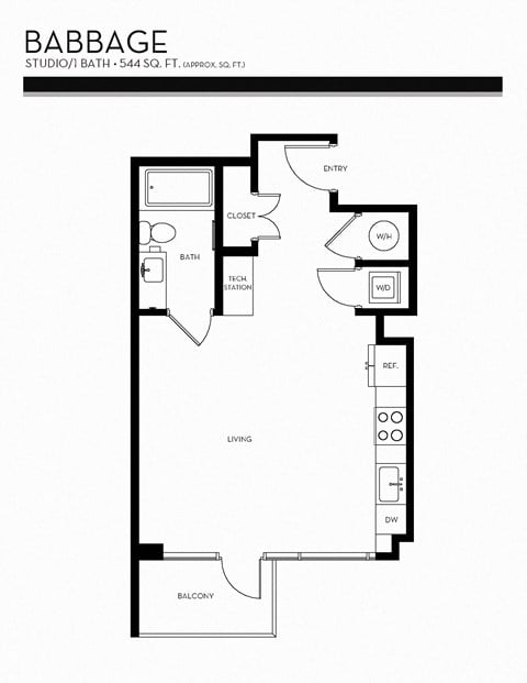 Floor plan for studio, 1 bath, 544 sqft