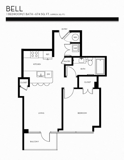 Floor plan for 1 bed, 1 bath, 674 sqft