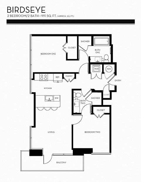 Floor plan for 2 beds, 2 baths, 991 sqft