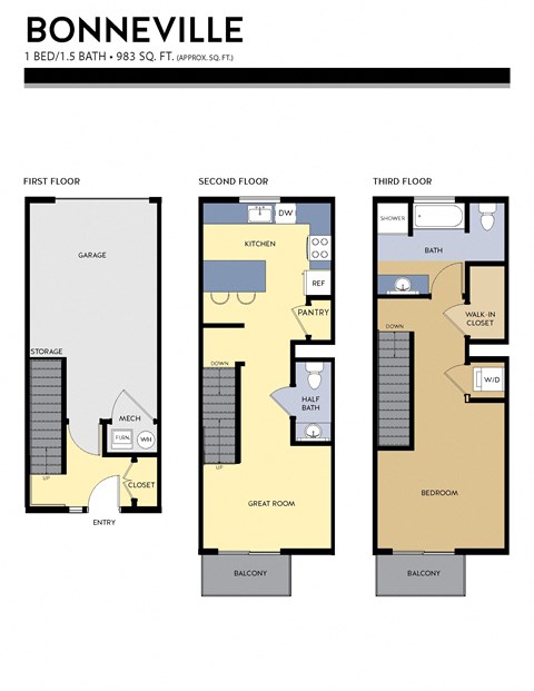 Floor plan for 1 bed, 1.5 baths, 983 sqft