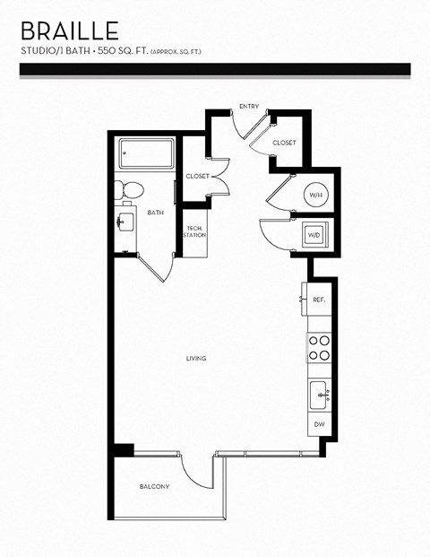 Floor plan for studio, 1 bath, 550 sqft