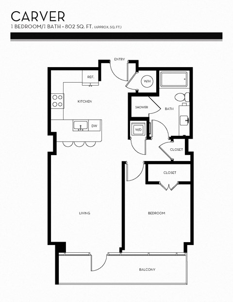 Floor plan for 1 bed, 1 bath, 802 sqft