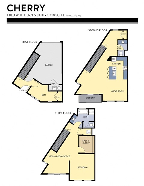 Floor plan for 1 bed, 1.5 baths, 1710 sqft