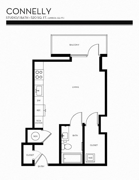 Floor plan for studio, 1 bath, 520 sqft