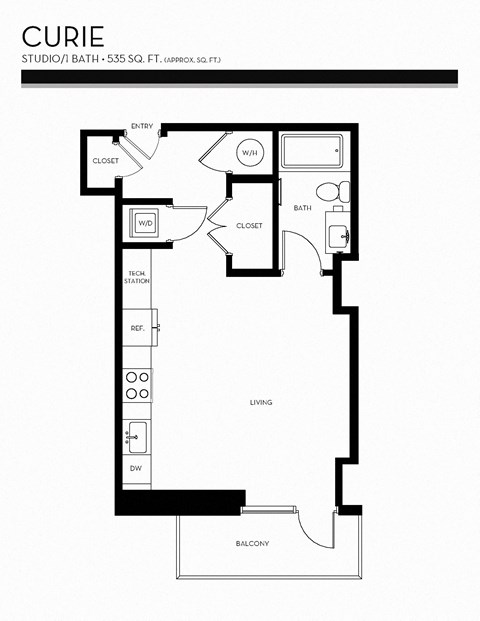 Floor plan for studio, 1 bath, 535 sqft